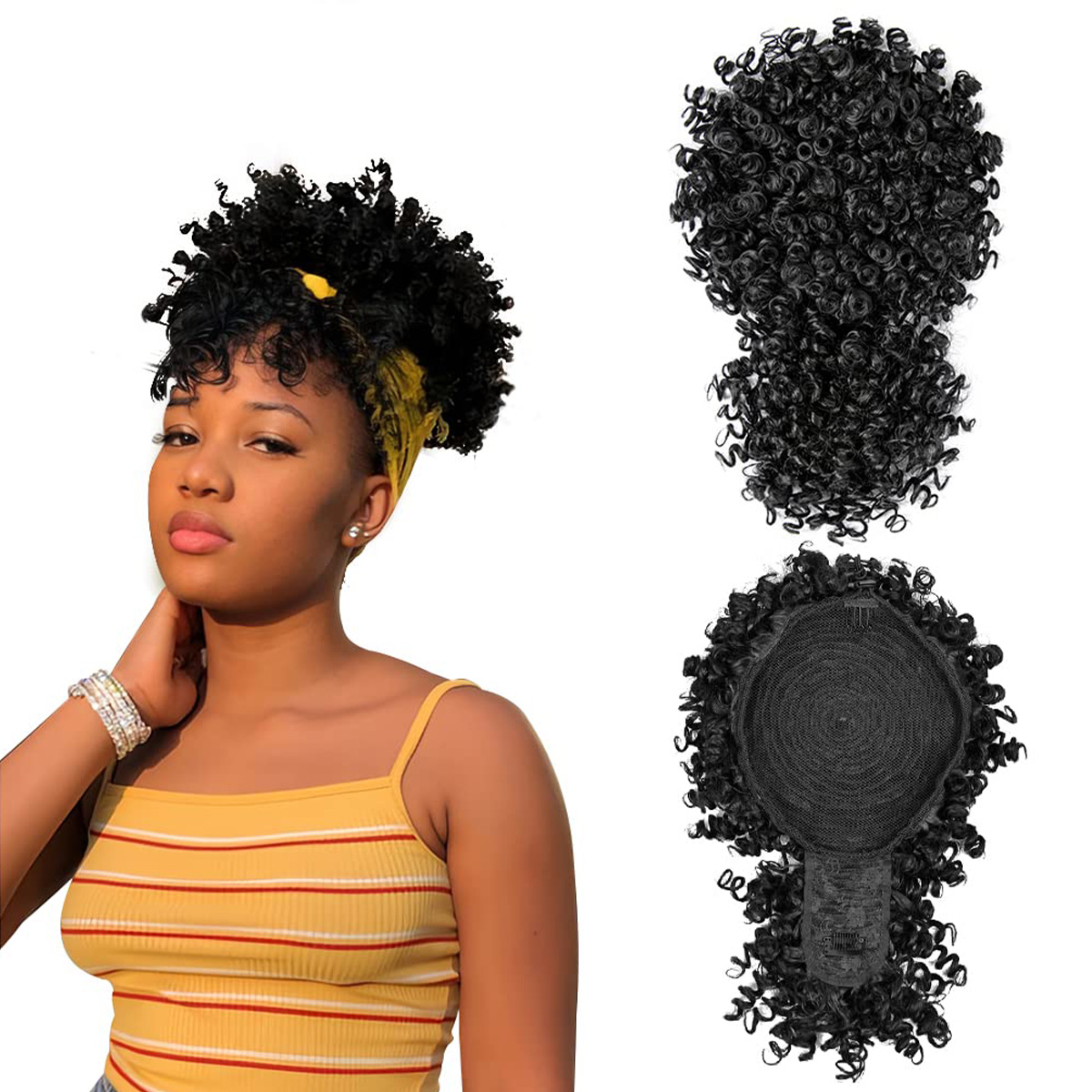 ผมปลอมแบบผูกเชือกหางม้ากับผมม้ - Drawstring Afro Curly Puff Ponytail บทวิจารณ์และราคา